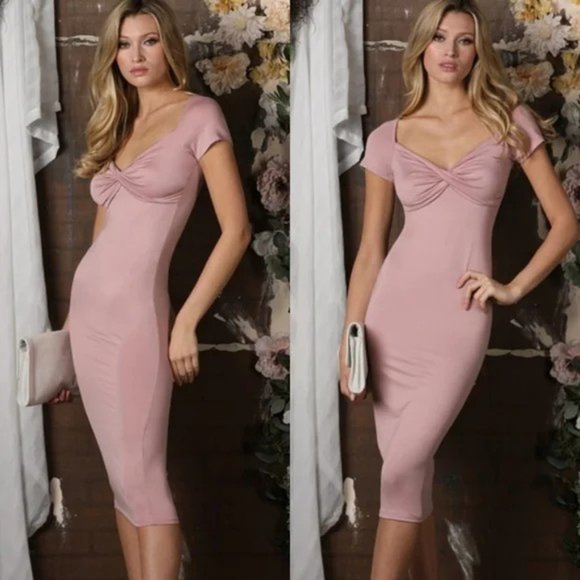 💃Sweetheart Neckline Short Sleeve Twisted Front Midi Dress MAUVE - Picture 2 of 2